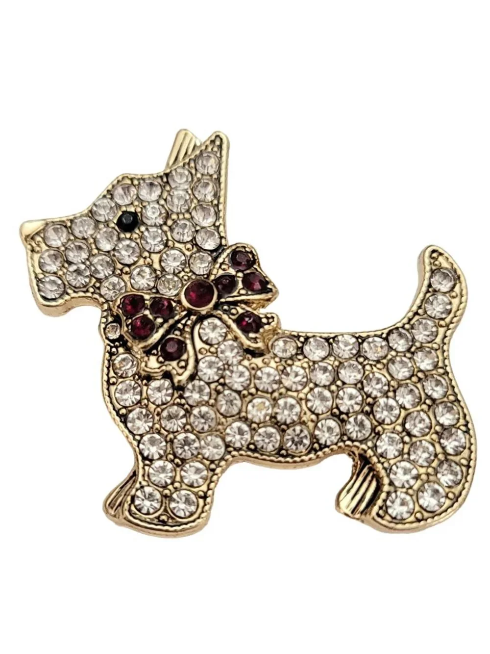 Monet Gold Tone Clear, Red Rhinestone Pave Scottie Dog Brooch, Signed K727